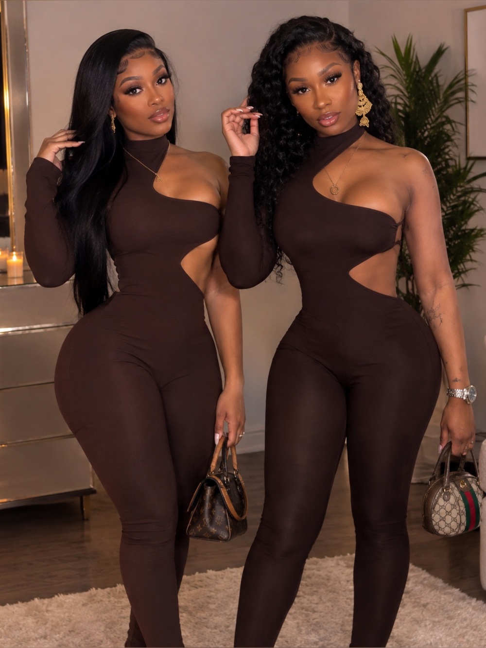 Brown One-Shoulder Cutout Jumpsuit